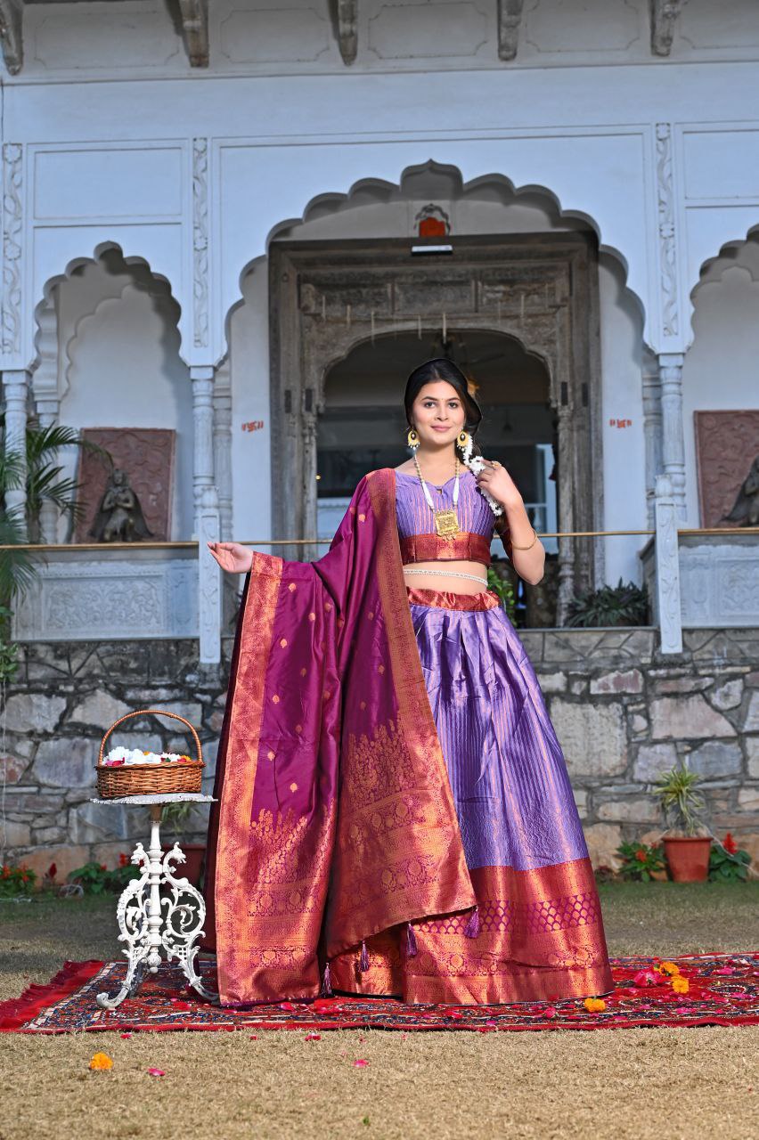 Shop Gorgeous Purple Silk Kashmiri Print Lehenga Set Online