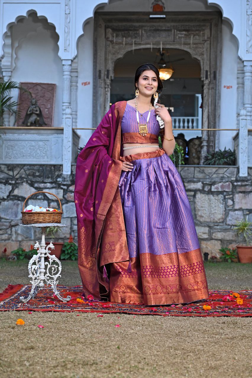 Shop Gorgeous Purple Silk Kashmiri Print Lehenga Set Online