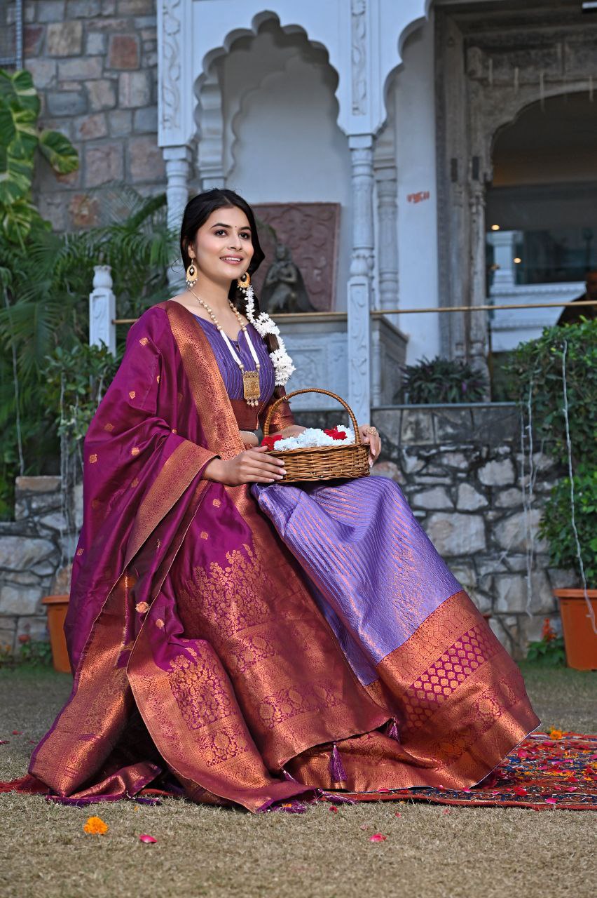 Shop Gorgeous Purple Silk Kashmiri Print Lehenga Set Online