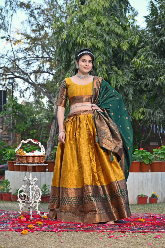 Shop Gold Jacquard Lehenga Sets Online | Zari Weaving Work