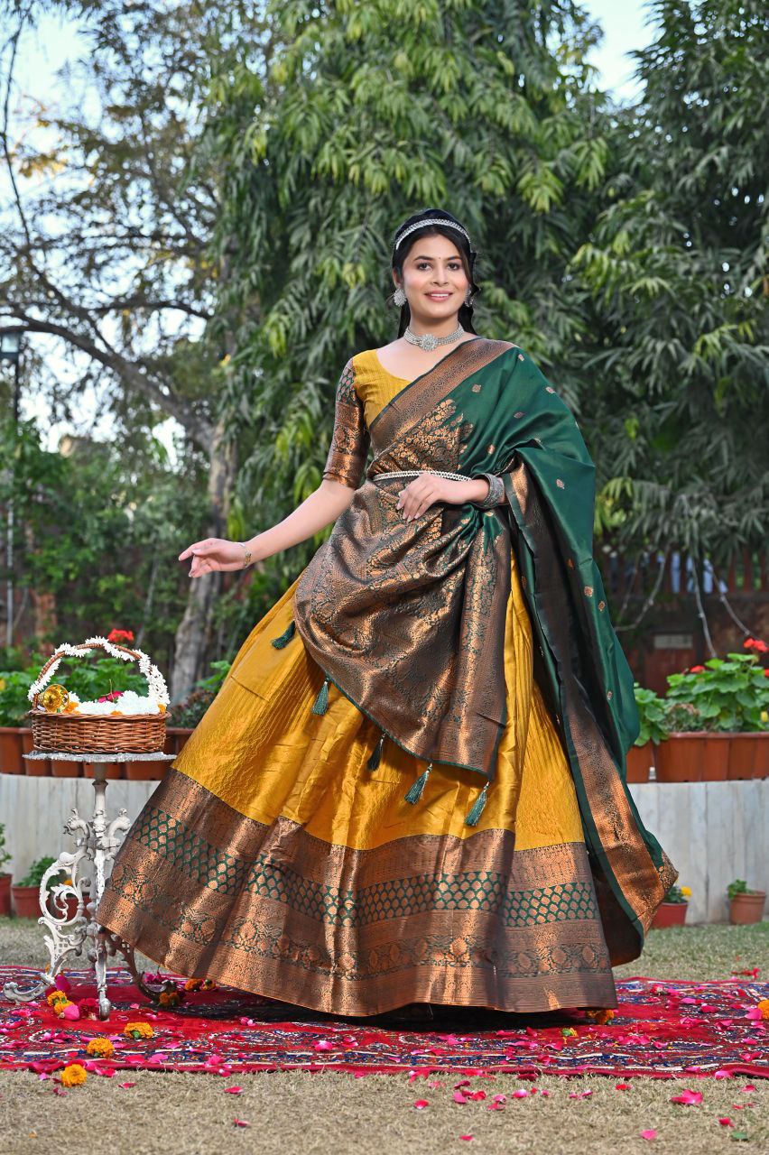 Shop Gold Jacquard Lehenga Sets Online | Zari Weaving Work