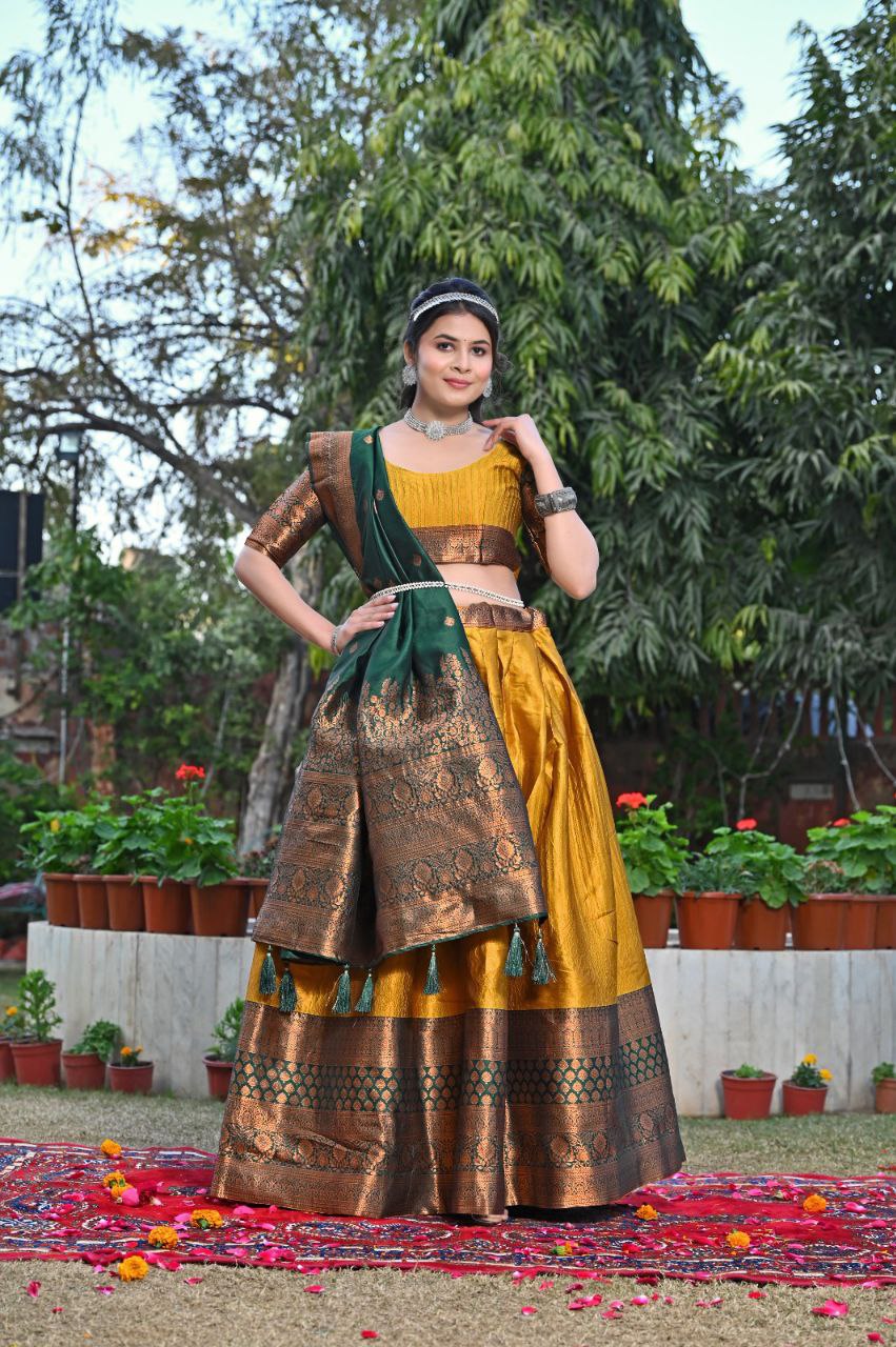 Shop Gold Jacquard Lehenga Sets Online | Zari Weaving Work