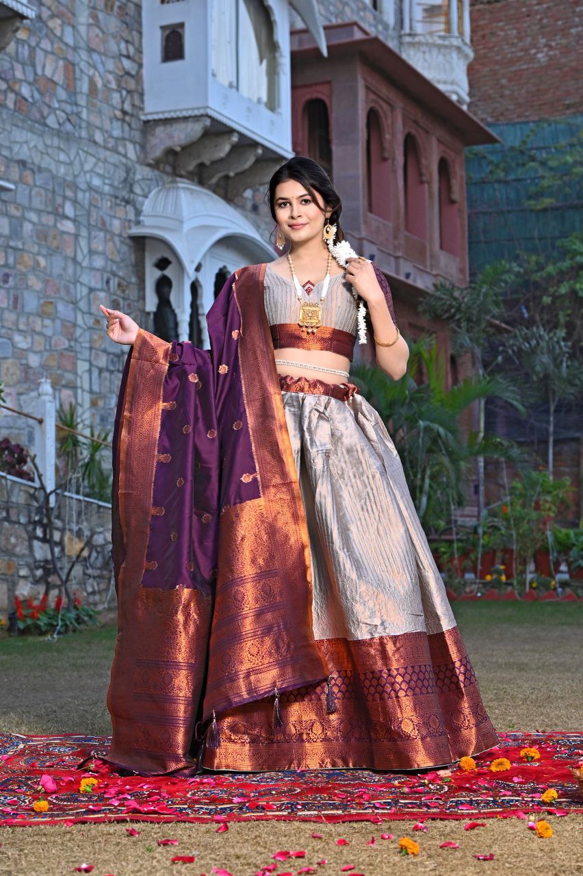 Buy Jacquard Lehenga Sets Online with Zari Weaving Work