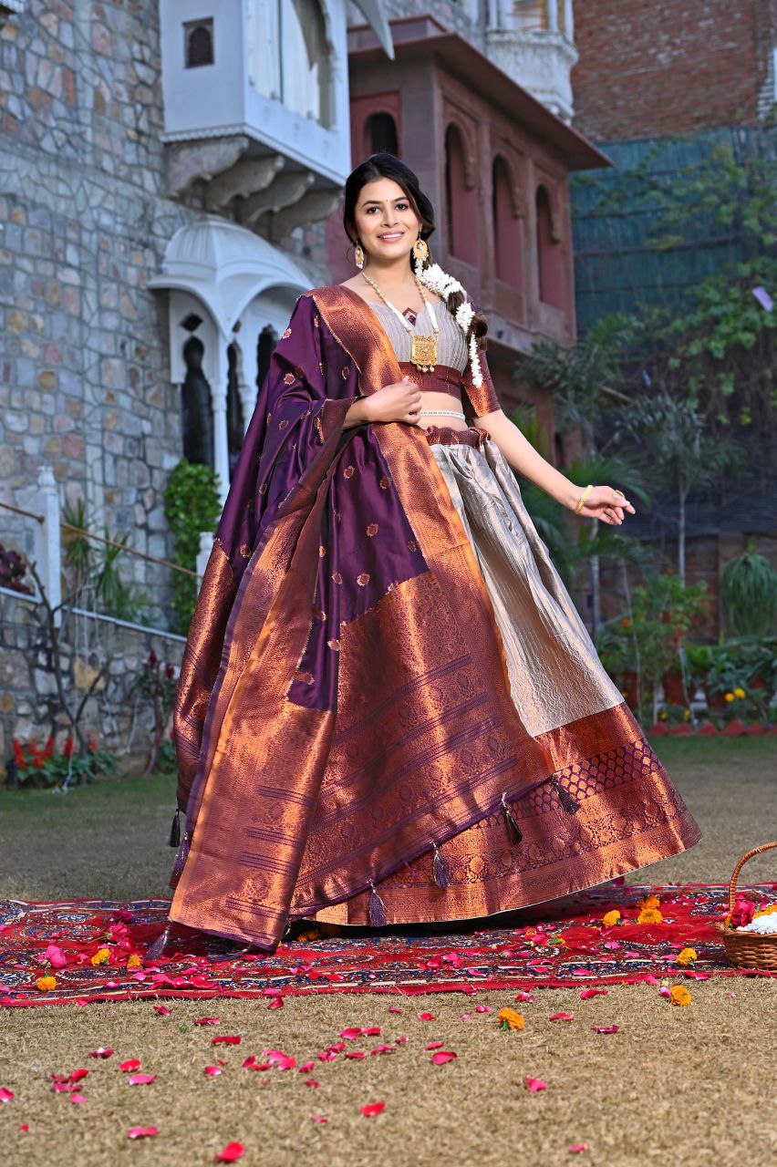 Buy Jacquard Lehenga Sets Online with Zari Weaving Work