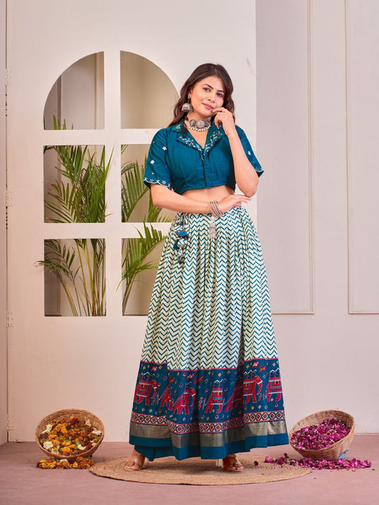 Find Gorgeous Blue Cotton Rayon Co-Ord Lehenga Set Online