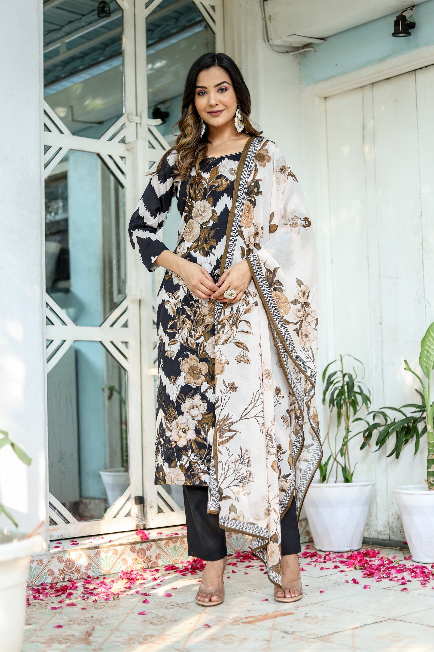 Buy Black Cotton Digital Print Pant Set | Vaanya Kurtis