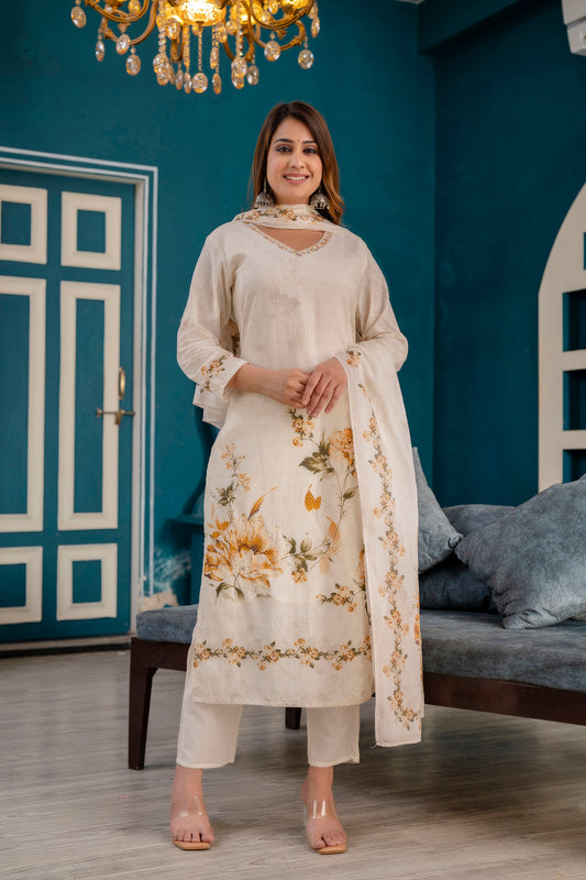 Elegant White Floral Cotton Dupatta Set | Shop Online Now