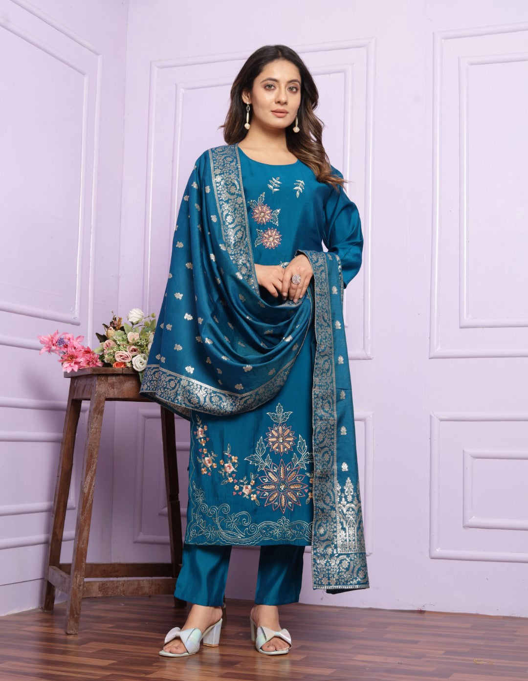 Buy Modal Silk Blue Festive Straight Kurta Pant Set Online