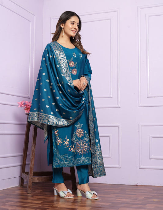 Buy Modal Silk Blue Festive Straight Kurta Pant Set Online