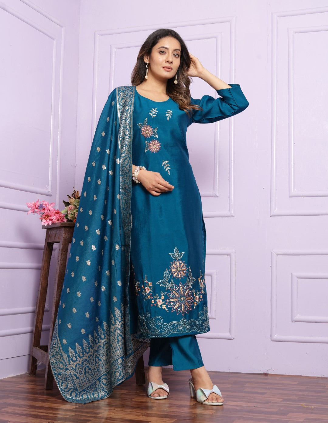 Buy Modal Silk Blue Festive Straight Kurta Pant Set Online