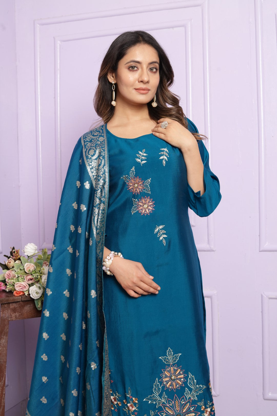 Buy Modal Silk Blue Festive Straight Kurta Pant Set Online