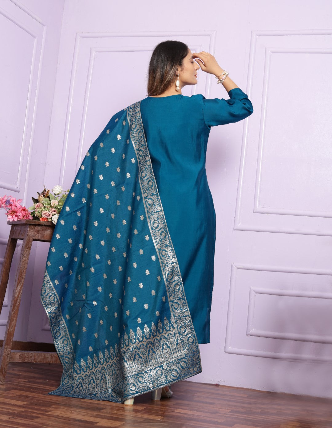 Buy Modal Silk Blue Festive Straight Kurta Pant Set Online