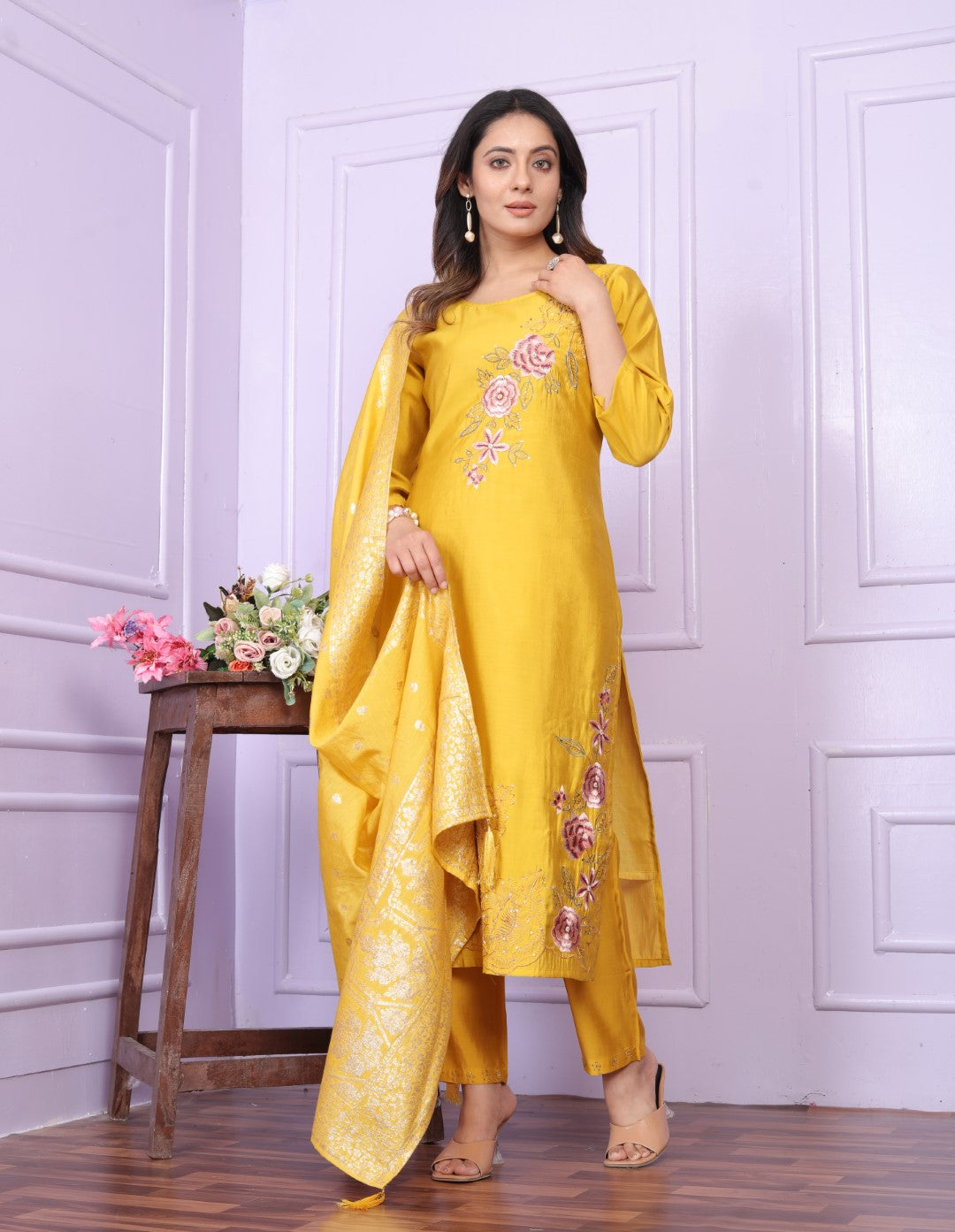 Buy Stylish Yellow Festive Kurta Pant Set Online - Modal Silk