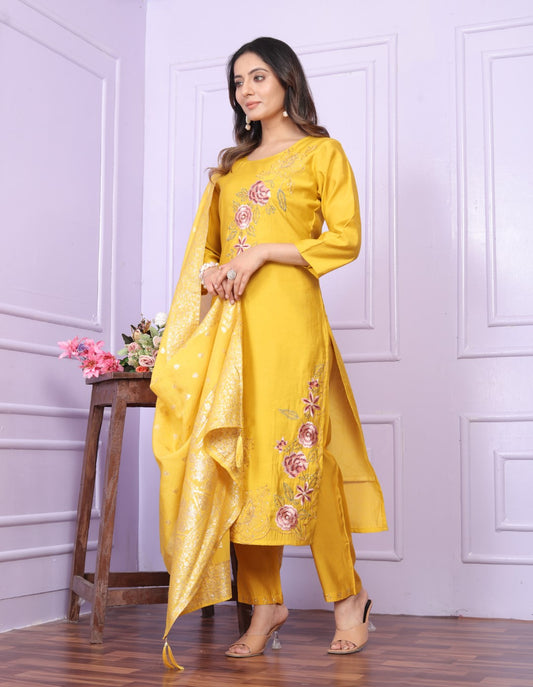 Buy Stylish Yellow Festive Kurta Pant Set Online - Modal Silk