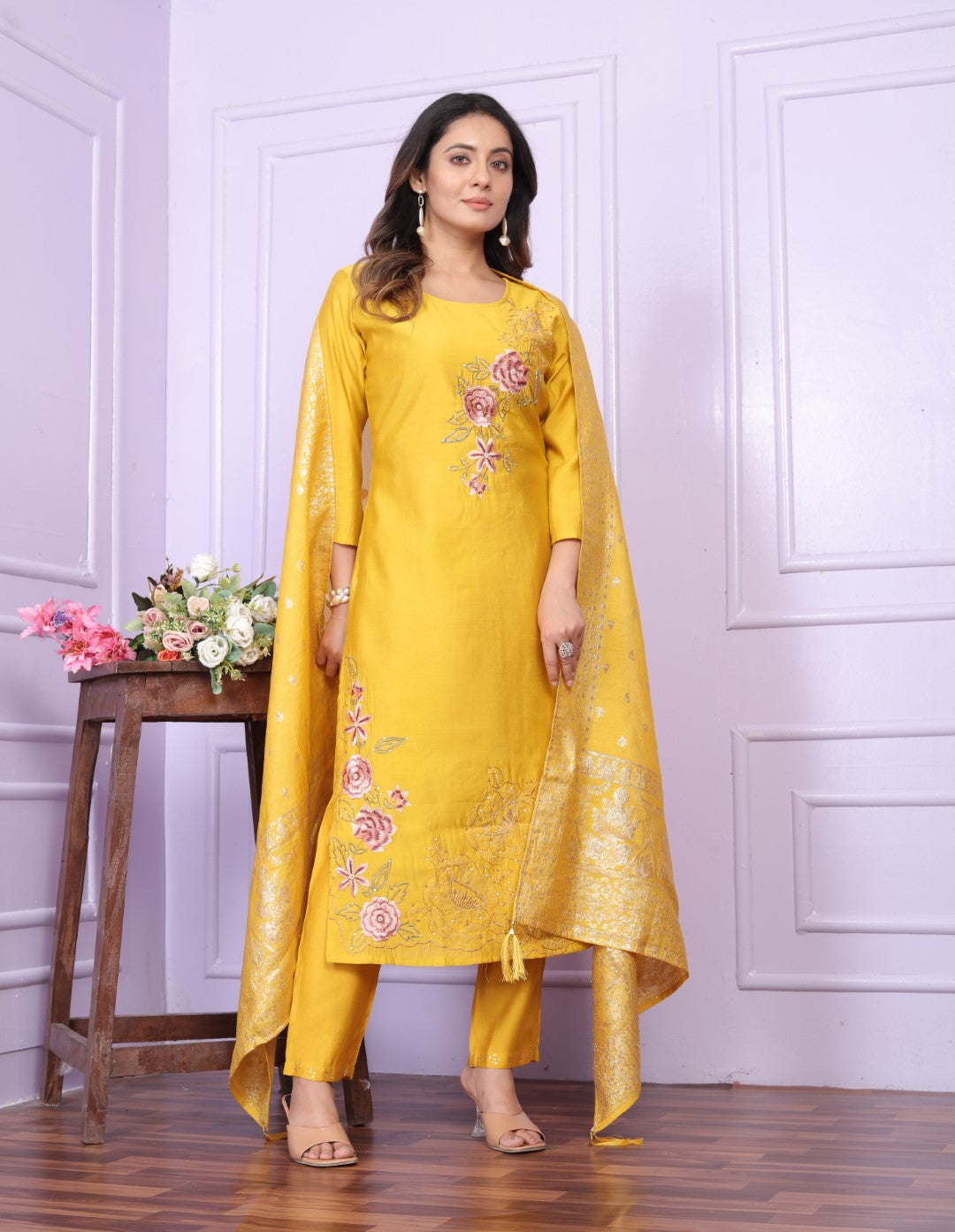 Buy Stylish Yellow Festive Kurta Pant Set Online - Modal Silk