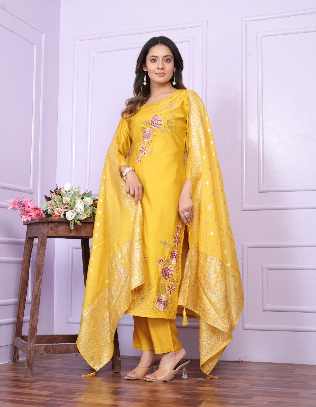 Buy Stylish Yellow Festive Kurta Pant Set Online - Modal Silk