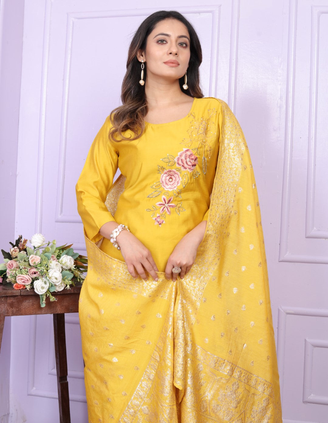 Buy Stylish Yellow Festive Kurta Pant Set Online - Modal Silk