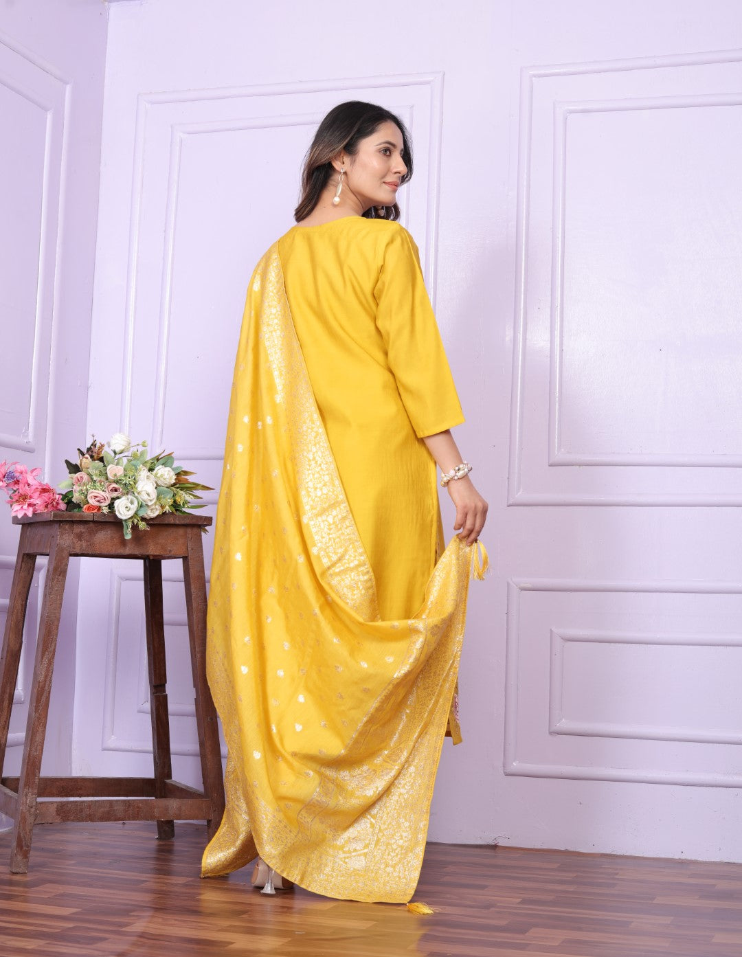 Buy Stylish Yellow Festive Kurta Pant Set Online - Modal Silk