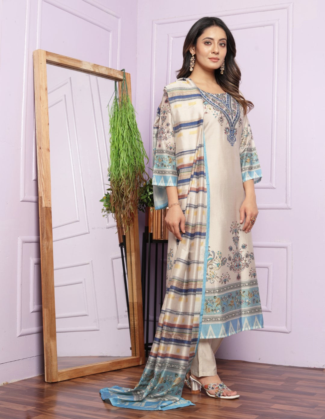 Elegant Silk Pant Set in Cream | Straight Kurta Set Online