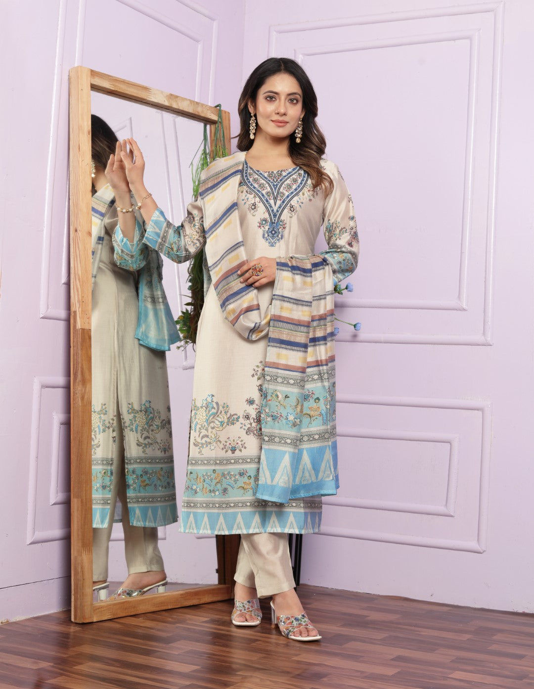 Elegant Silk Pant Set in Cream | Straight Kurta Set Online