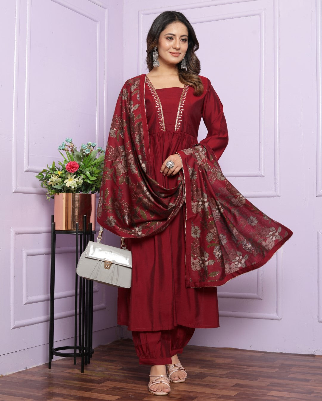 Buy Maroon Muslin Afghani Pant Set with Dupatta Online