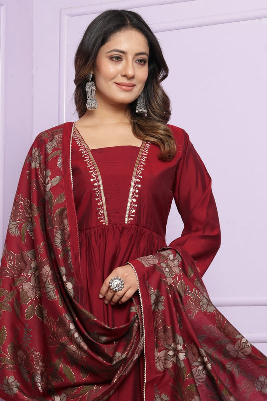 Buy Maroon Muslin Afghani Pant Set with Dupatta Online