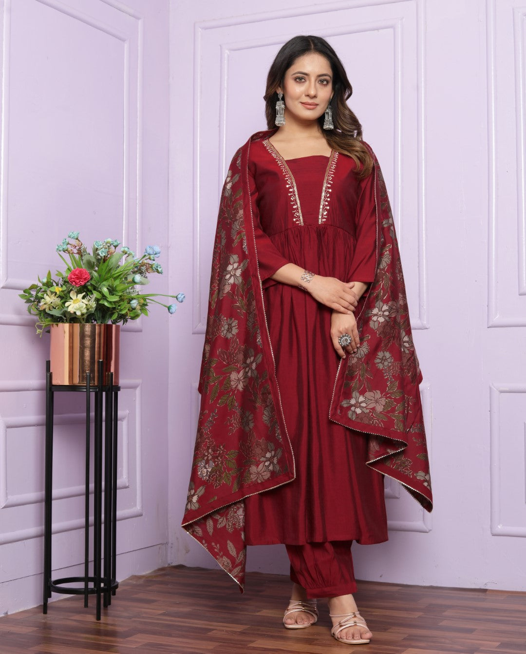 Buy Maroon Muslin Afghani Pant Set with Dupatta Online