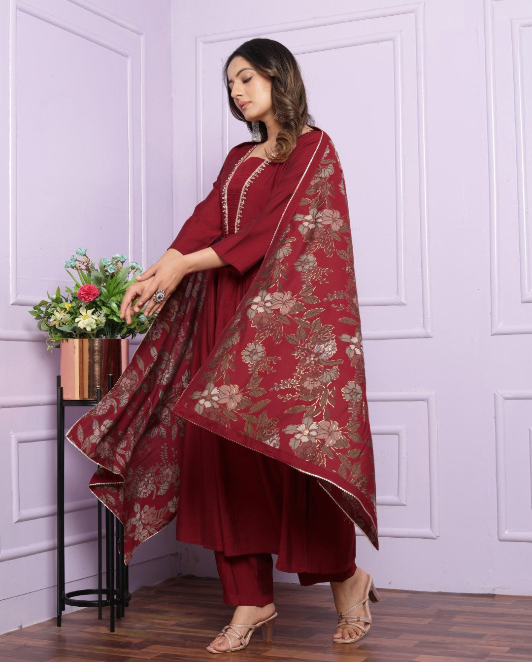 Buy Maroon Muslin Afghani Pant Set with Dupatta Online