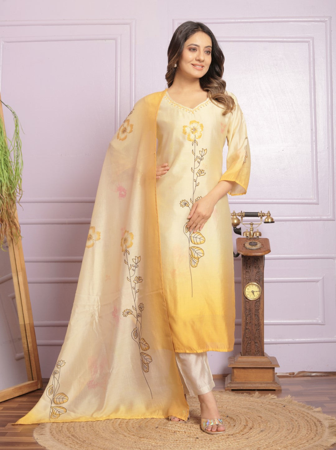 Shop Yellow Modal Silk Straight Kurta Pant Set Online