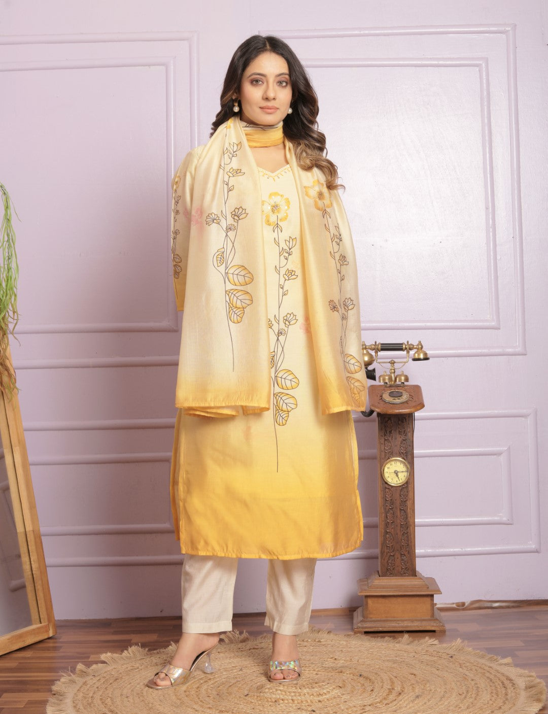 Shop Yellow Modal Silk Straight Kurta Pant Set Online