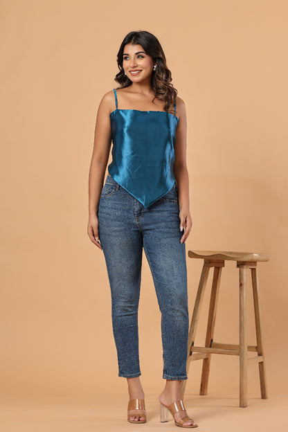 Teal Blue Satin Tie-Back Women’s Top - FREE SIZE