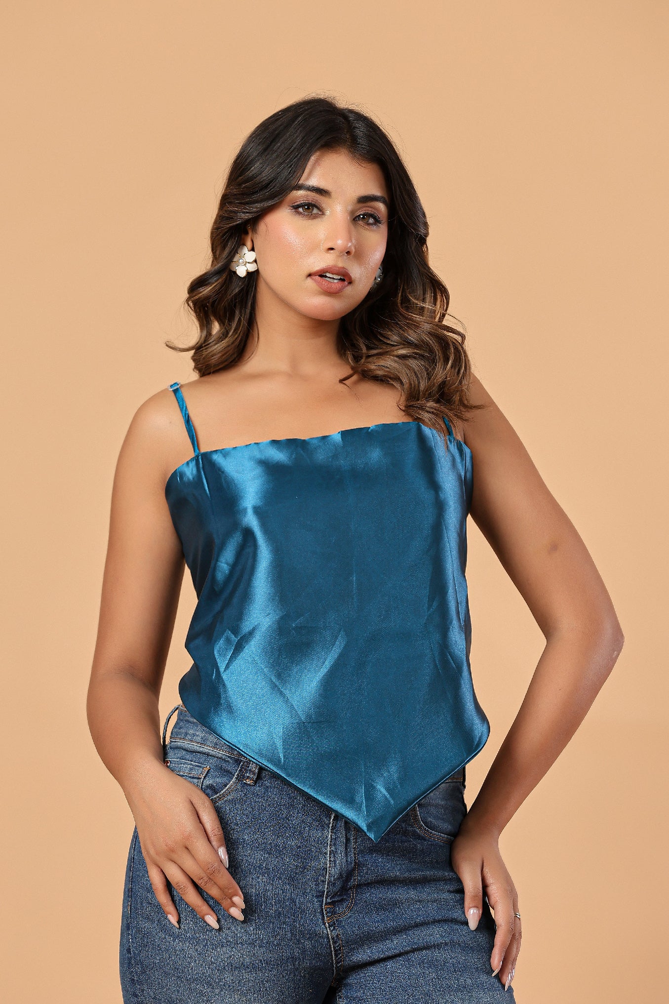 Teal Blue Satin Tie-Back Women’s Top - FREE SIZE