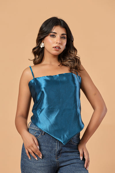 Teal Blue Satin Tie-Back Women’s Top - FREE SIZE