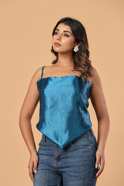 Teal Blue Satin Tie-Back Women’s Top - FREE SIZE