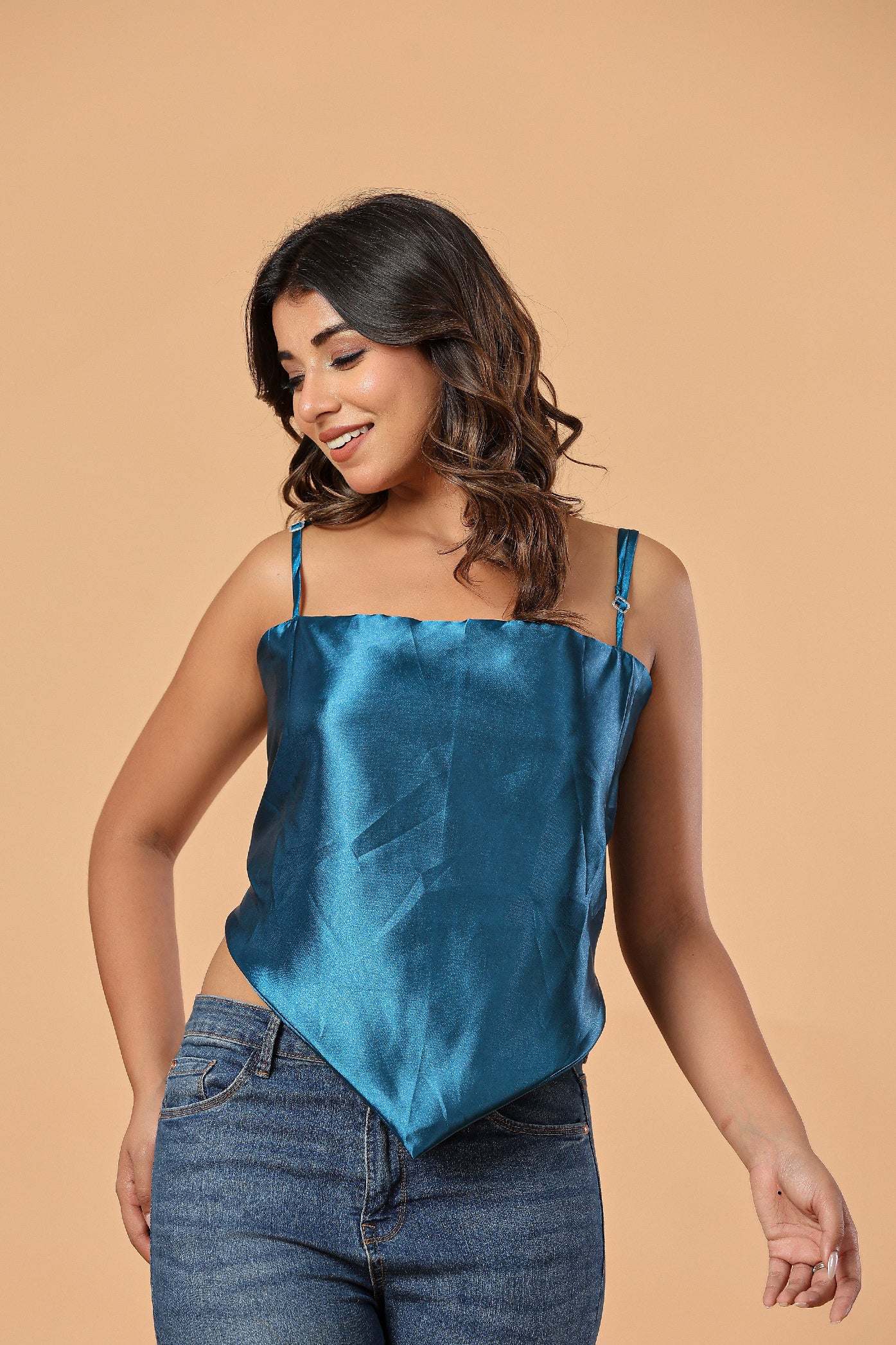 Teal Blue Satin Tie-Back Women’s Top - FREE SIZE