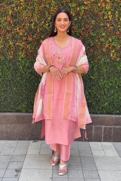 Light Pink Delicate Roman Silk Suit For Women