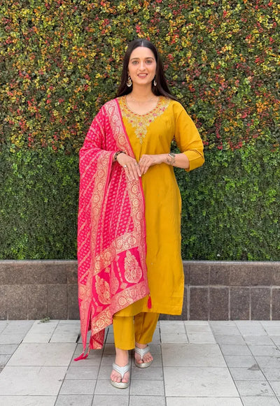 Yellow Radiant Roman Silk Suit For Women
