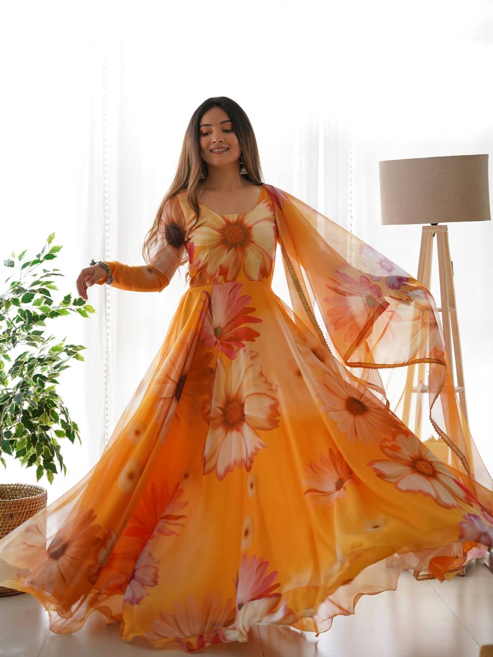 Organza Taby Silk Gown With Dupatta.