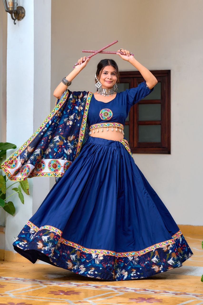 Shop Elegant Navy Blue Bandhej Lehenga Choli Set Online