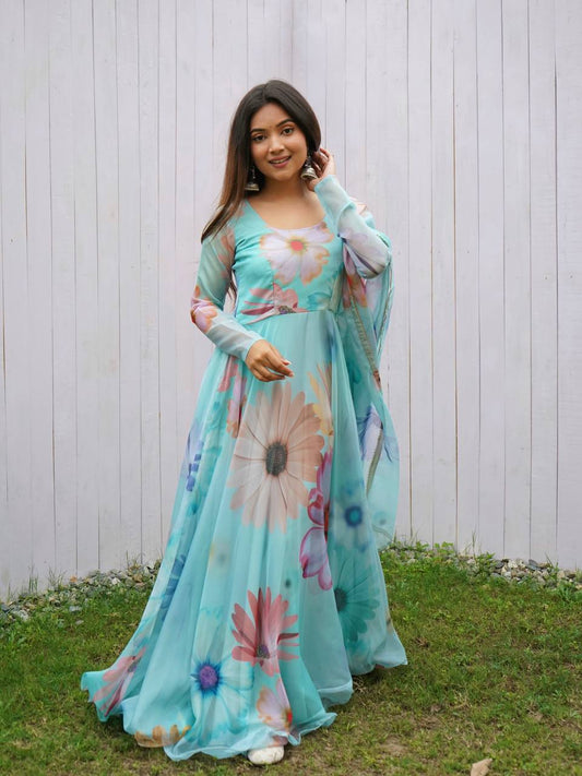 Organza Taby Silk Gown With Dupatta.