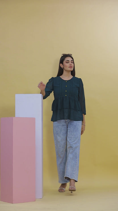 Bottle Green Layered Georgette Women’s Top