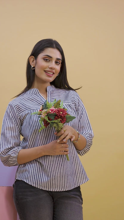 Grey Striped Cotton Women’s Shirt Top