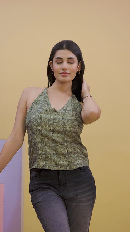 Olive Grey Printed Halter Neck Top