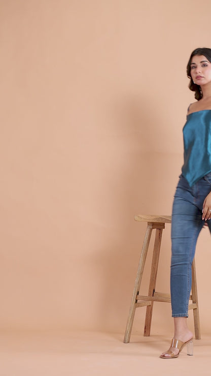 Teal Blue Satin Tie-Back Women’s Top - FREE SIZE