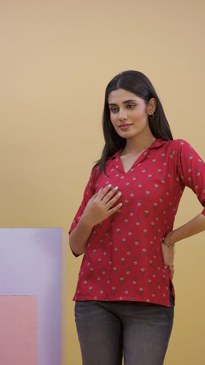 Red Floral Printed Shirt Style Top