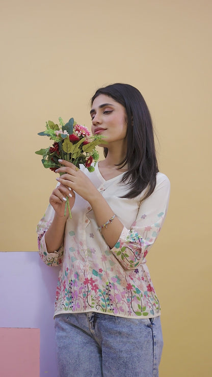 Cream Floral Printed Women’s Top